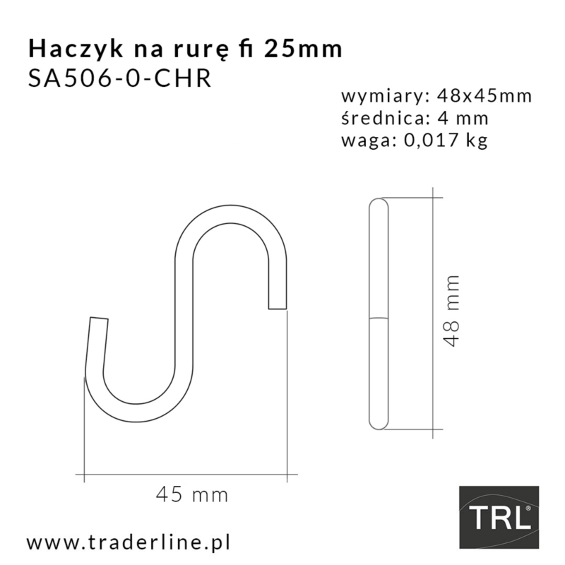 Zawieszka, haczyk na rurę fi 25mm, chrom