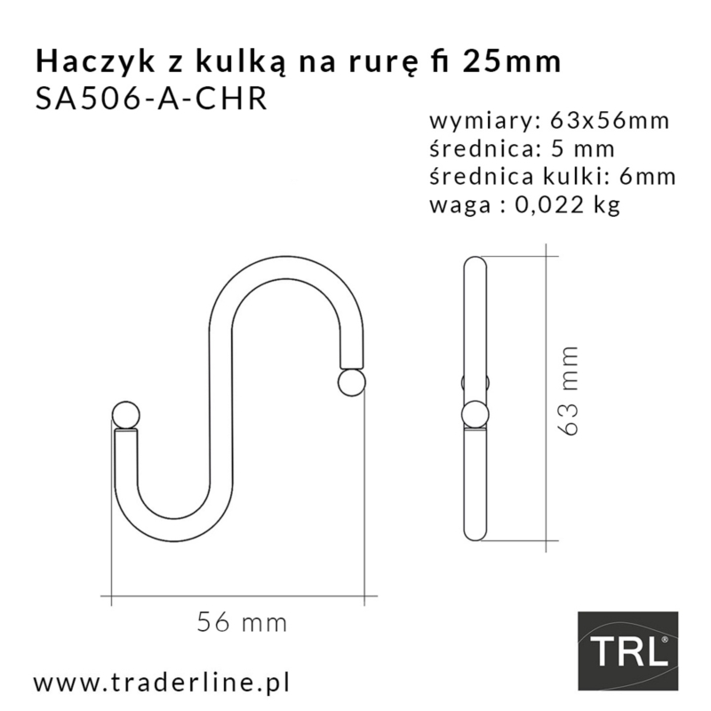 Haczyk z kulką na rurę fi 25mm, chromowany