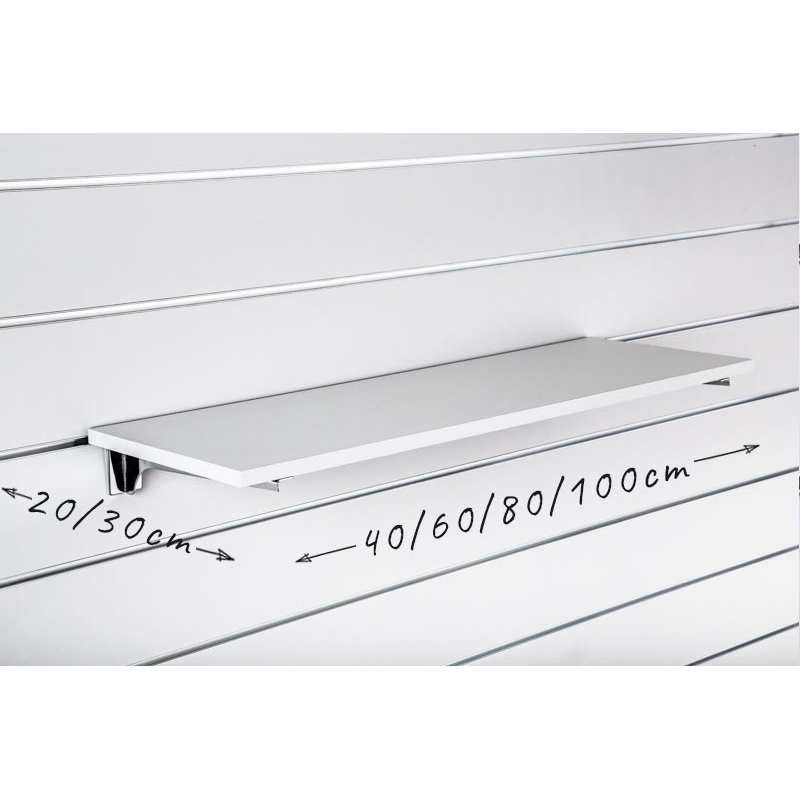 Półka z płyty Slatwall, Popiel, wsporniki chrom