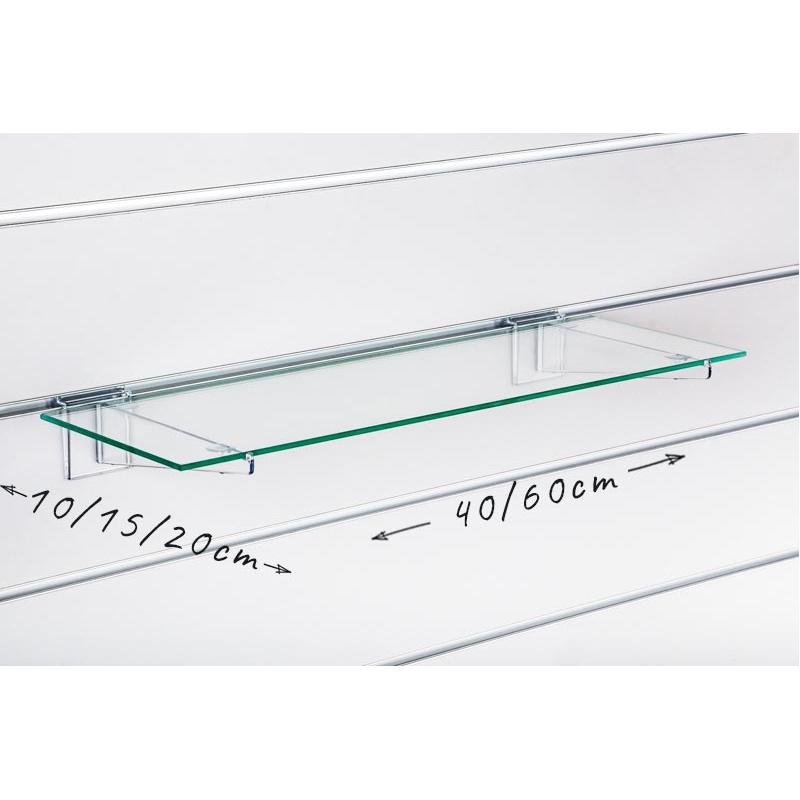 Półka szklana Slatwall, wsporniki pleksi