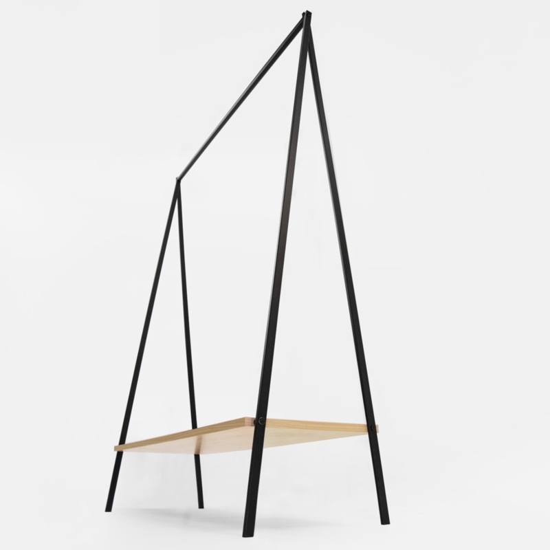 Stender czarny sklepowy na odzież z półką