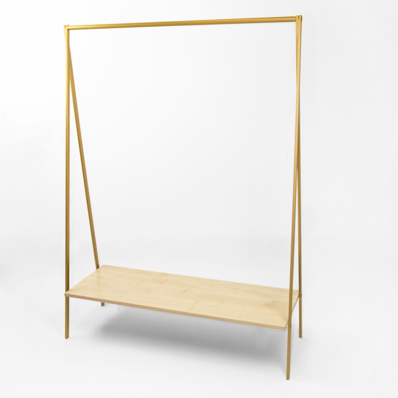 Stender złoty sklepowy na odzież z półką