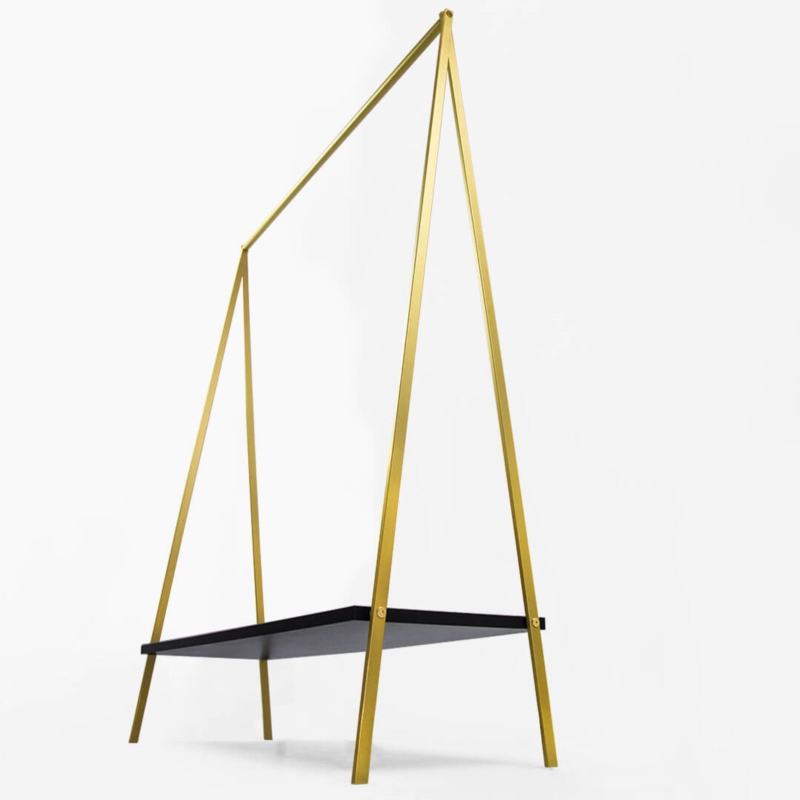 Stender złoty sklepowy na odzież z półką