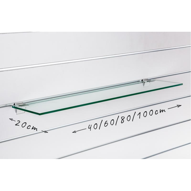 Półka sklepowa szklana Slatwall, wsporniki alu.